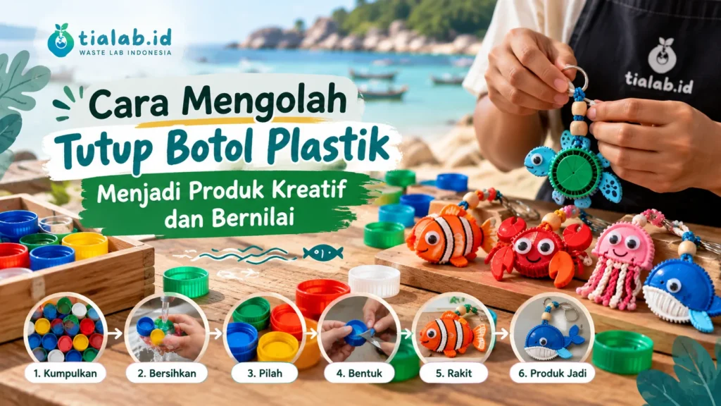 Cara mengolah tutup botol plastik bekas menjadi suvenir handmade bertema hewan laut oleh TIA LAB Indonesia.
