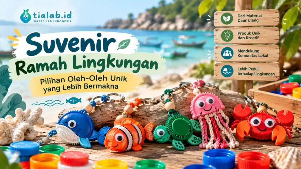 Suvenir ramah lingkungan dari tutup botol plastik bekas dengan motif hewan laut buatan TIA LAB Indonesia.
